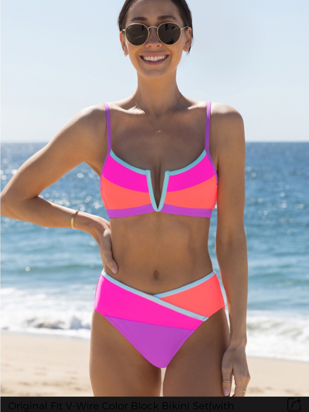 Color Block V-Wire Bikini Set - Pink & Orange